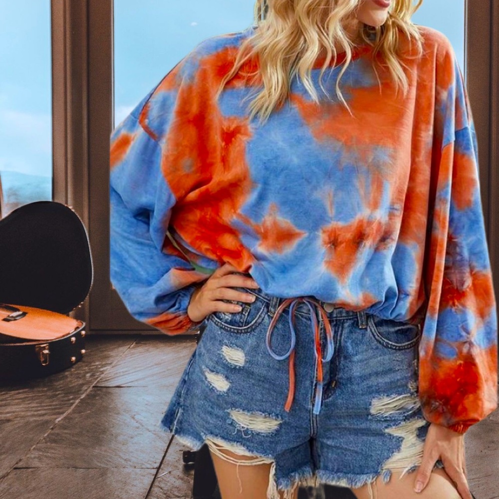 Tie Dye Sweatshirt with Drawstring Waist, Sizes L and XL in Red/Orange and Blue